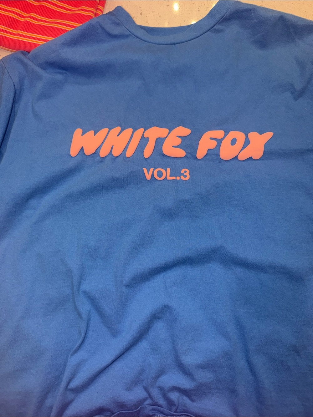 White Fox Boutique Blue Tee with Pink Logo